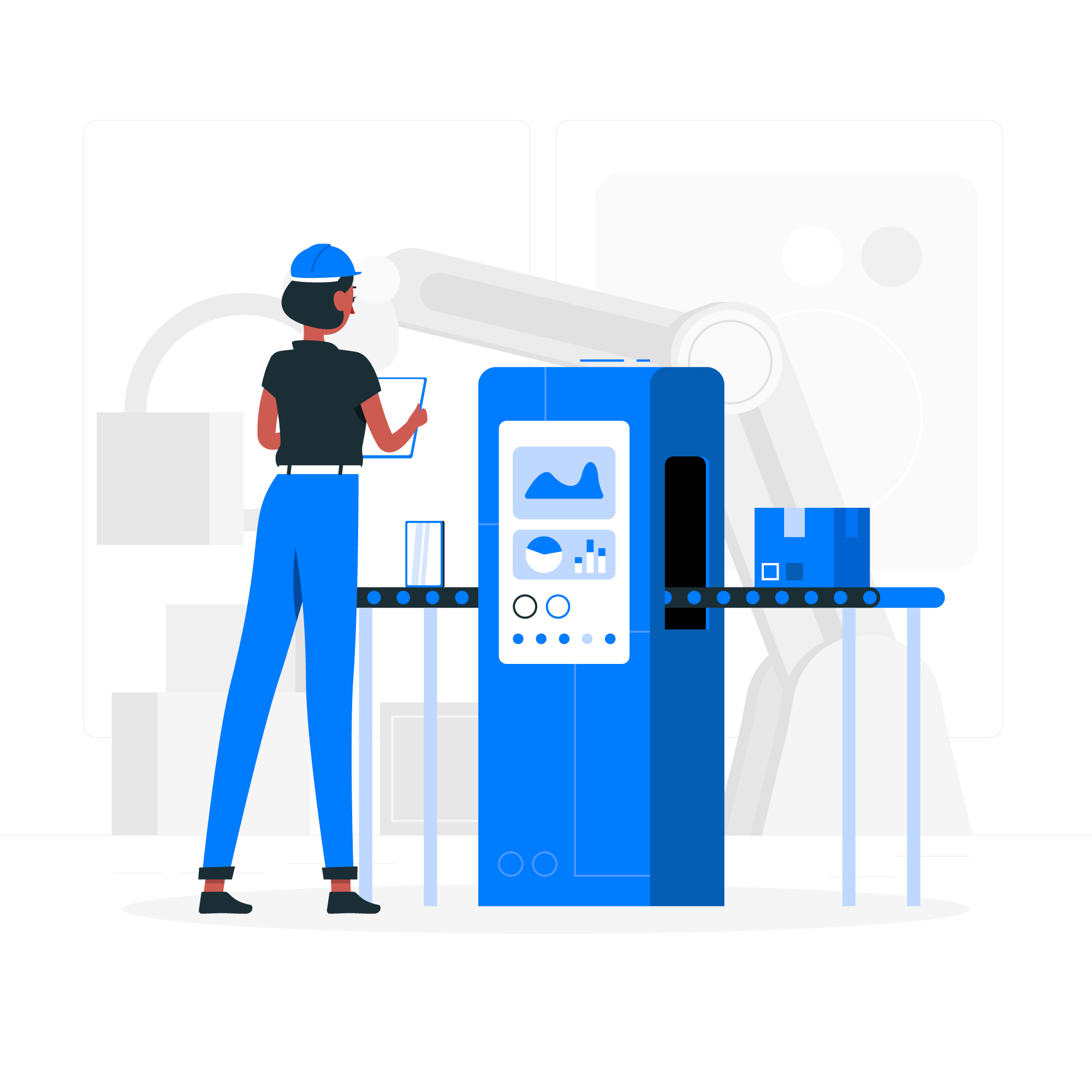 A digital illustration of a female factory worker wearing a blue hard hat, black short-sleeved shirt, and blue pants, holding a clipboard and observing a blue automated machine on a production line. Clear cylindrical items move along a conveyor belt towards the machine, and sealed blue boxes exit on another conveyor belt to the right. A large robotic arm is faintly visible in the background, suggesting an automated manufacturing environment. The background is white with light grey geometric shapes.