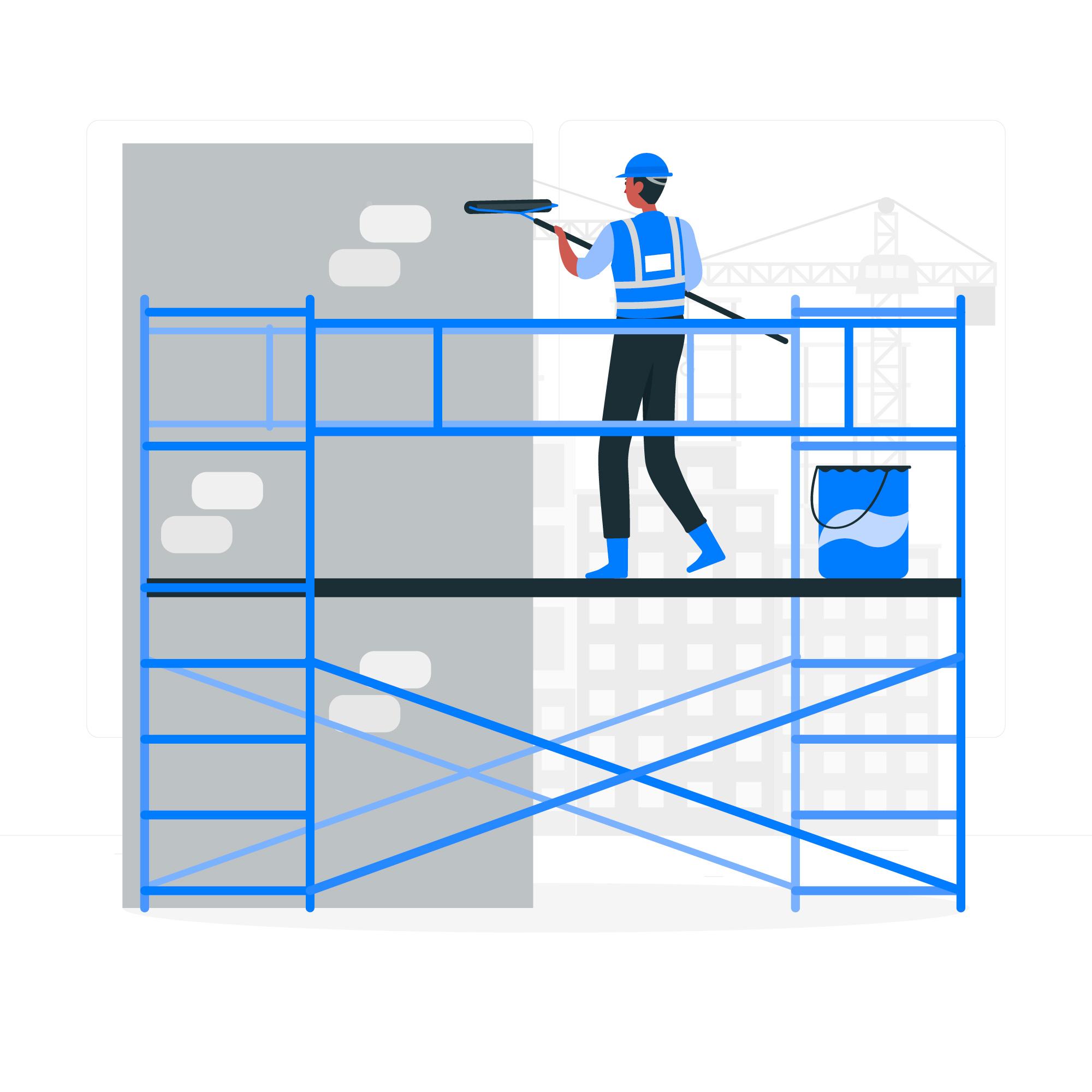 An illustration of a construction worker wearing a blue hard hat, safety vest, and boots, standing on blue scaffolding and using a paint roller to apply a dark color to a grey wall. A blue bucket sits on the scaffolding next to him. In the background, a faint outline of a cityscape with a construction crane is visible.