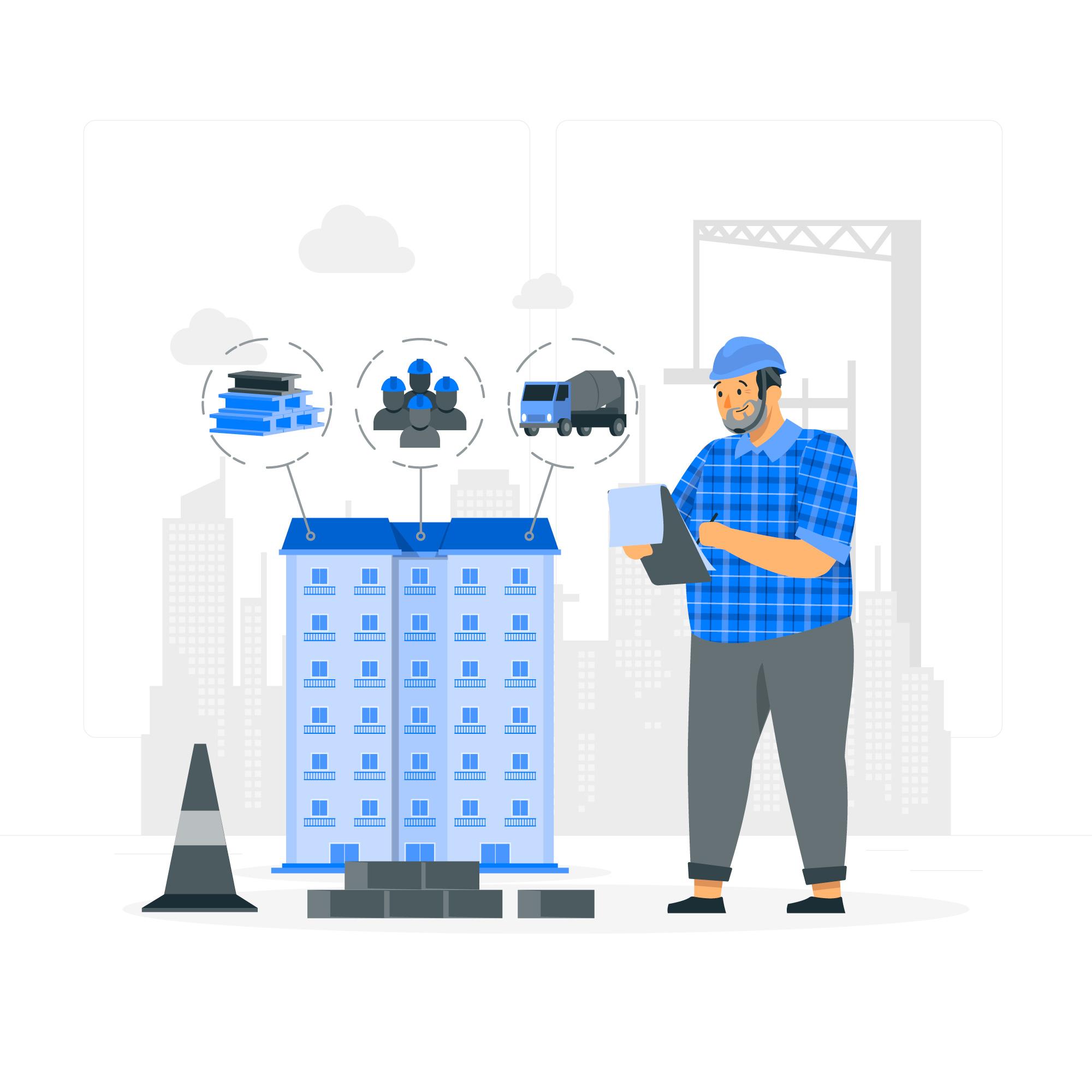 An illustration of a construction worker wearing a blue hard hat and a blue and orange plaid shirt, holding a clipboard and pen, standing near a partially constructed building. Above the building are three connected icons: blueprints, a group of workers, and a cement truck. In the background is a faint cityscape and a construction crane. A black and white traffic cone is in the foreground.