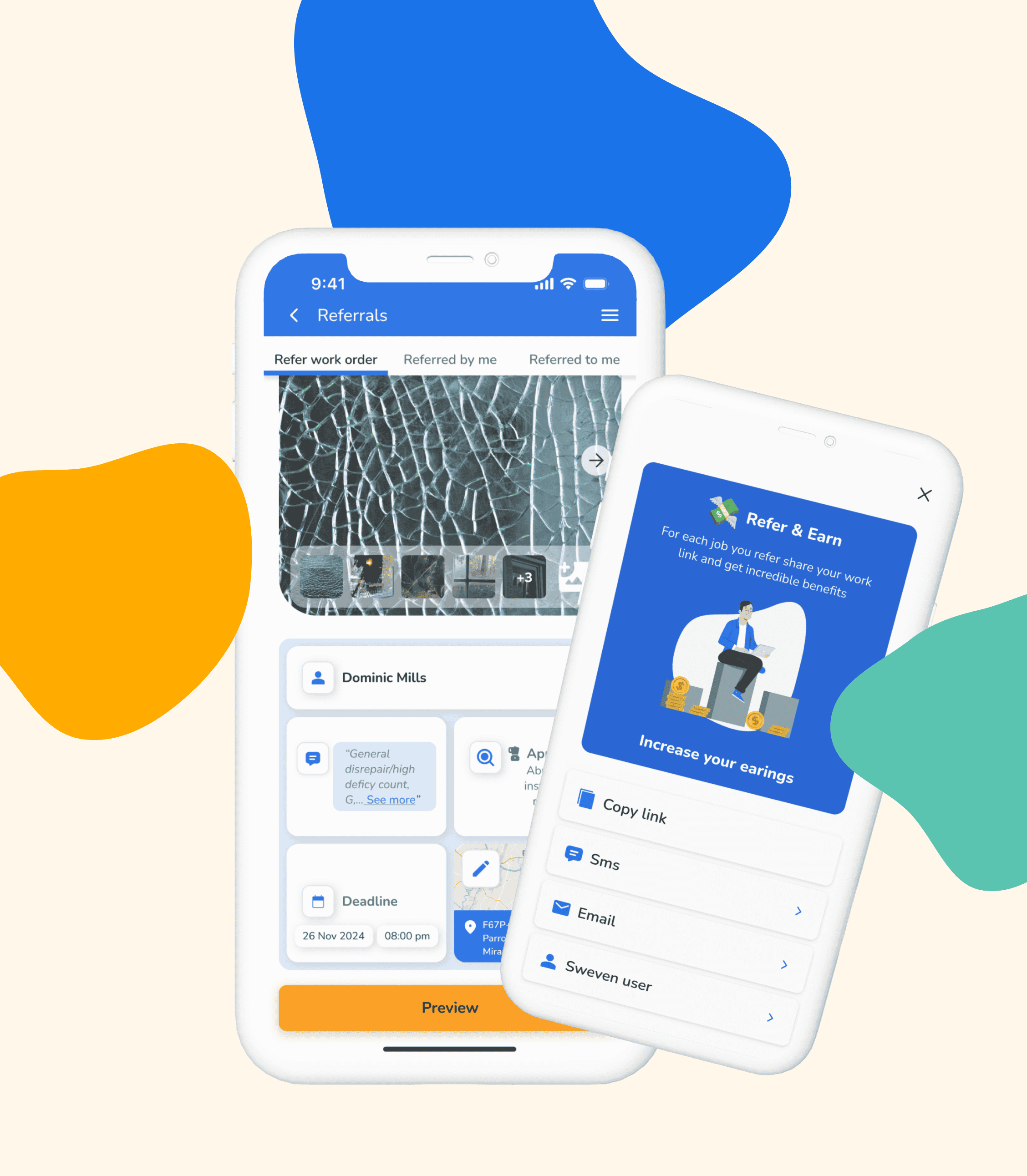 Two mobile phone screens showing a referral program interface.