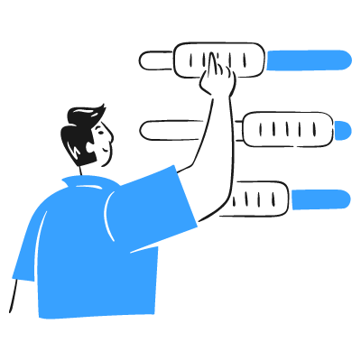 Illustration of a man adjusting settings on sliders, gray background with blue accents.