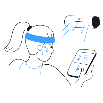 Hand-drawn style icon of a person sweating and using a phone to control an air conditioner set to 15 degrees Celsius.