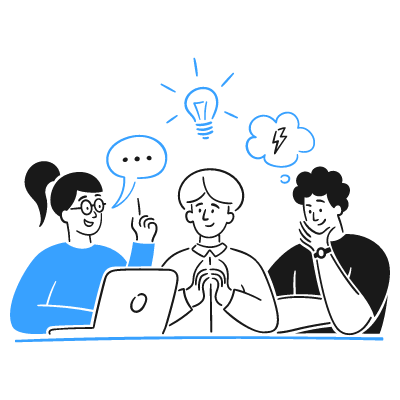 Cartoon illustration of three people brainstorming around a laptop, with speech bubbles and a light bulb, gray background.