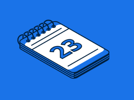 Isometric illustration of a calendar page with the number "23" on a blue background.