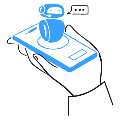 Hand holding a smartphone with a chatbot icon on the screen, gray background with blue outlines.