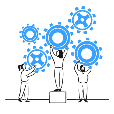 Illustration of three people arranging large blue gears on a gray background.