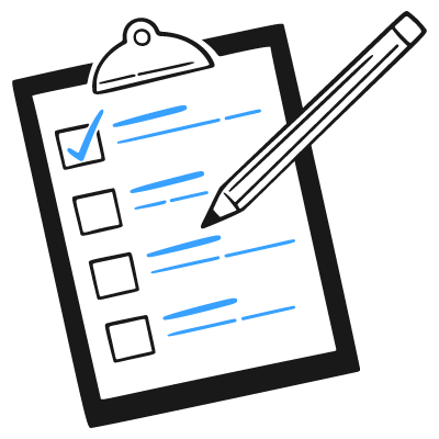 Illustration of a clipboard with a checklist, one box checked, and a pencil, gray background.