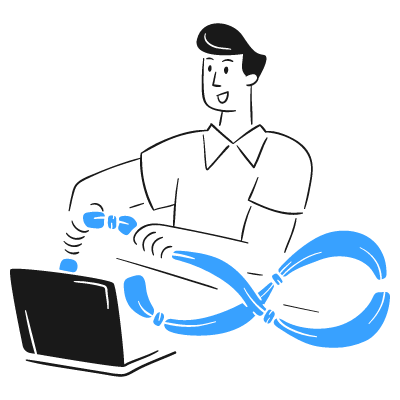 Cartoon illustration of a man working on a laptop, with a blue infinity symbol connecting his hand to the screen, gray background.