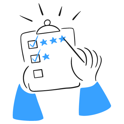 Hand-drawn style icon of hands holding a clipboard with checkboxes and star ratings.