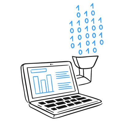 Illustration of a laptop with data graphics on the screen and binary numbers flowing into a funnel, gray background.