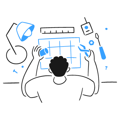 Illustration of a person working at a desk with tools and a grid, viewed from behind, gray background with blue accents.