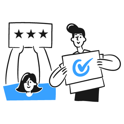Two outlined figures holding review symbols, one with three stars and the other with a checkmark, gray background with blue accents.