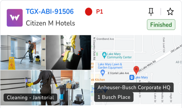 Mobile app interface displaying a map with location markers, and a pop-up showing details for Anheuser-Busch Corporate HQ.