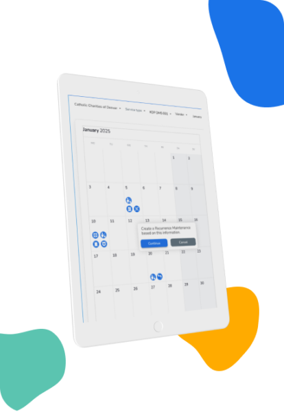 Tablet displaying a calendar interface with scheduled events and a pop-up for creating recurring maintenance.