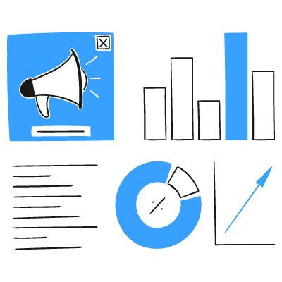 Digital marketing concept illustration with a megaphone icon, bar graphs, pie chart, line chart, and text lines, gray background with blue accents.