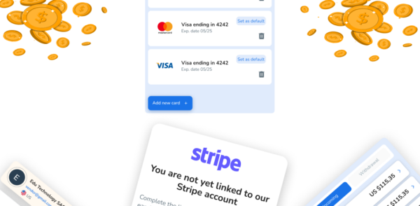 Mobile app interface displaying payment methods, including a Visa card ending in 4242, and a prompt to link to a Stripe account.}