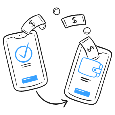 Hand-drawn style icon of two smartphones showing a money transfer process with dollar symbols and a checkmark.