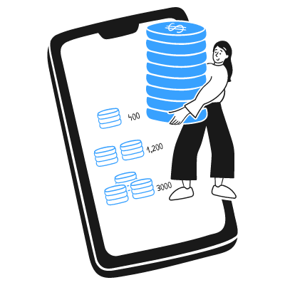 Illustration of a smartphone screen showing coin stacks and a woman carrying a larger stack, numbers 400, 1200, 3000, gray background with blue outlines.