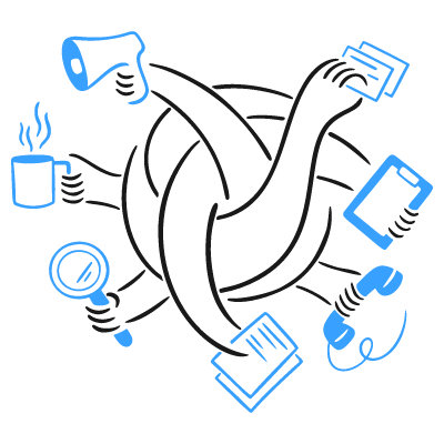 Hand-drawn style icon of multiple arms intertwined, each holding a different business or task-related object like a megaphone, coffee cup, magnifying glass, phone, documents, and credit card.