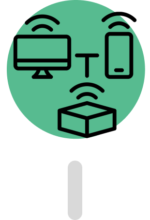 Desktop computer, smartphone, and server box wirelessly connected to a central point.
