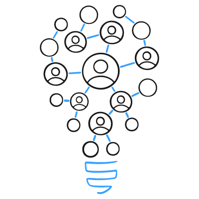 Lightbulb shape with connected people icons forming a network, gray background with blue lines.