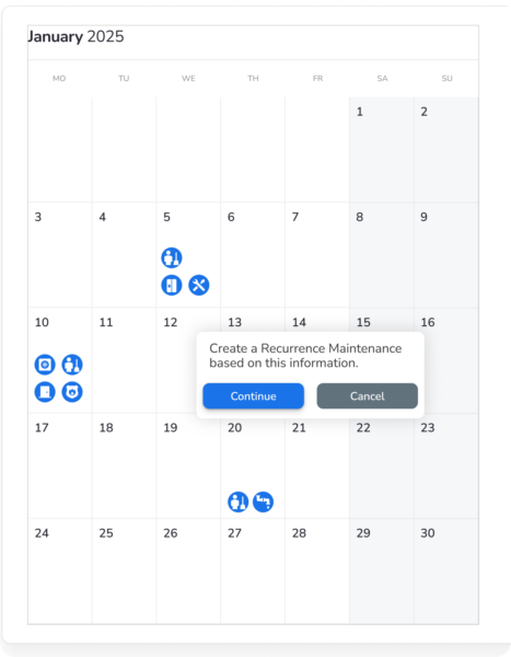 Mobile app interface for creating a new work order with fields for client, vendor, service, priority, address, and description.