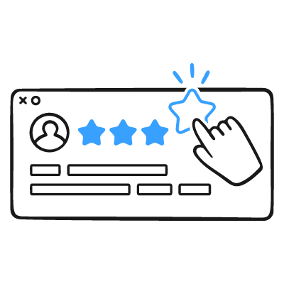 Hand-drawn style icon of a screen displaying a profile icon, star ratings, and a hand pointing to select a star.