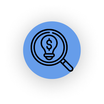 Magnifying glass examining a lightbulb with a dollar sign inside.