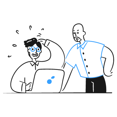 Illustration of two figures, one confused with a laptop, the other standing behind with an expression of concern, gray background with blue accents.
