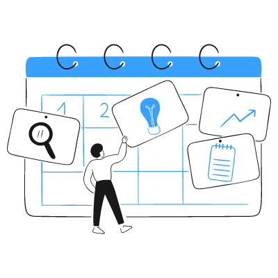 Hand-drawn style icon of a person arranging task icons on a calendar, symbolizing project planning or scheduling.