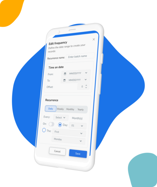 Mobile app interface for editing recurrence frequency and date range for records.