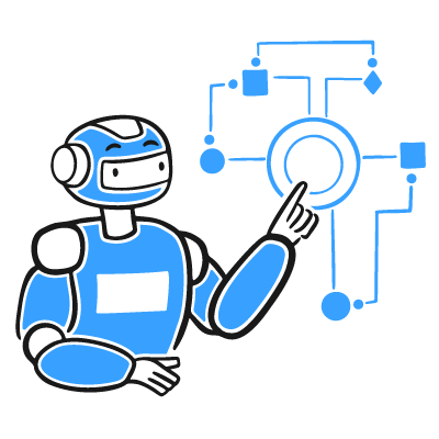 Robot pointing at a flowchart or network diagram on a gray background, blue robot and blue diagram outlines.