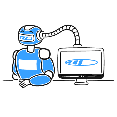 Robot with a flexible tube connected to a computer monitor showing a loading screen, gray background with blue robot and accents.