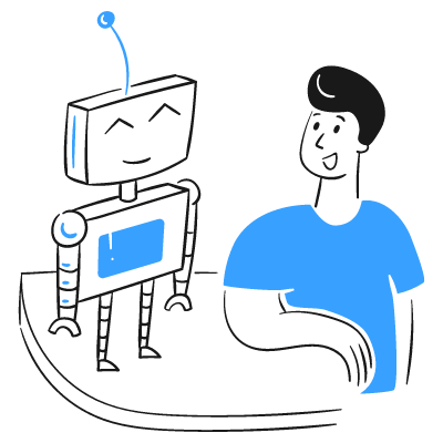 Illustration of a robot and a person standing side-by-side, gray background with blue accents.
