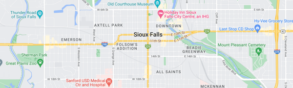 Map of a section of Sioux Falls, South Dakota, showing various landmarks, parks, and roads.