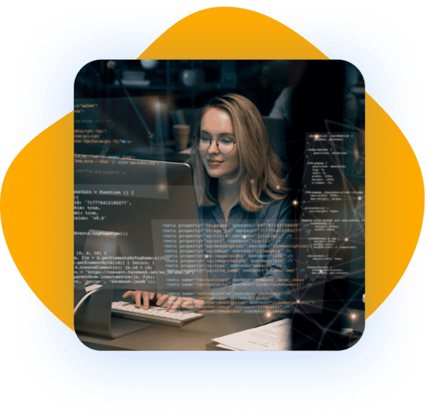 A woman wearing glasses working on a computer, with lines of code and data visualizations overlaid on the image.