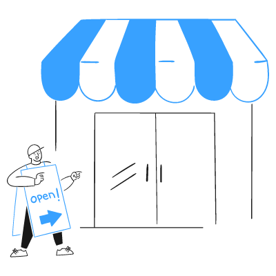 Illustration of a storefront with blue awning and a figure holding a sign that says "Open" with an arrow, gray background.