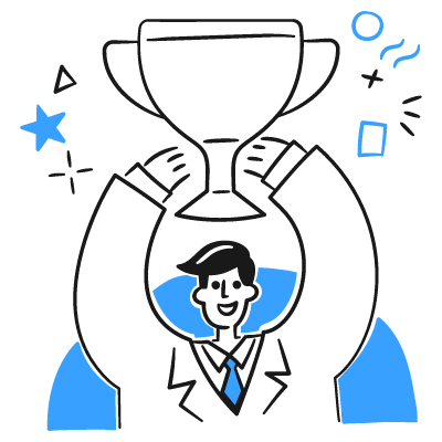 Cartoon illustration of a man holding a large trophy over his head, gray background with blue shapes.