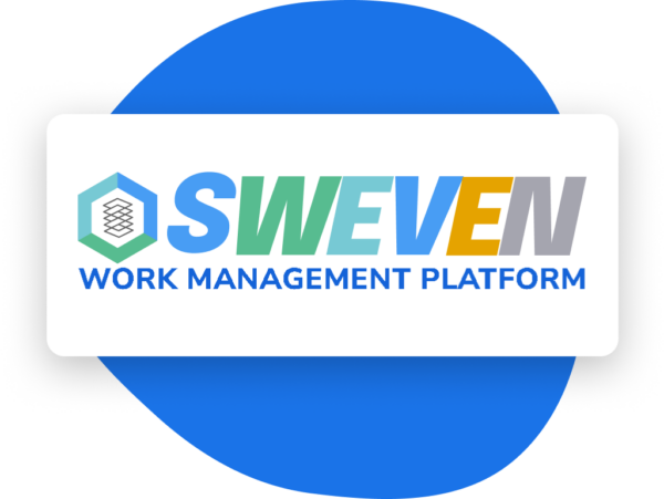 "Sweven" logo with text "WORK MANAGEMENT PLATFORM" in white rectangle, blue circle on gray background.