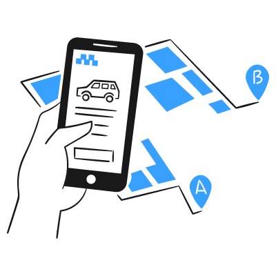 Hand-drawn style icon of a hand holding a smartphone with a taxi app interface, overlaid on a simplified map with points A and B.