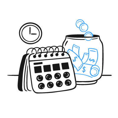 Illustration of a calendar and a jar with money, with a clock in the background, gray background with blue accents.