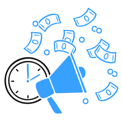 Megaphone and clock with scattered money bills, gray background with blue accents.
