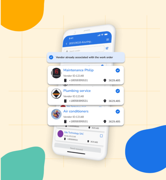 Mobile app interface showing vendor associations with work orders.