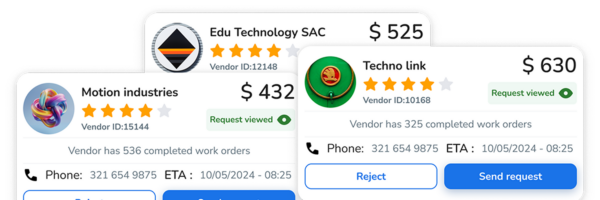 Mobile app interface displaying a list of vendor cards with details like rating, ID, completed work orders, contact information, and ETA.
