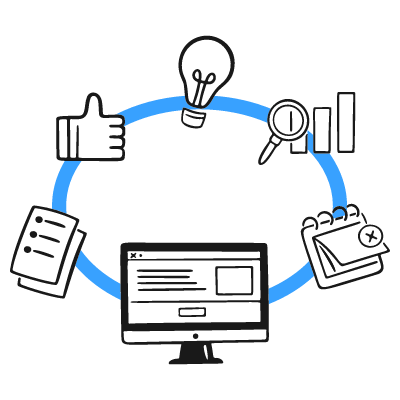 Hand-drawn style icon of a computer monitor surrounded by icons representing idea, approval, analysis, schedule, and tasks, connected by a blue circular line.