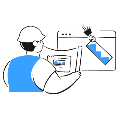Hand-drawn style icon of a figure in a hard hat building a website graph with a paint roller.