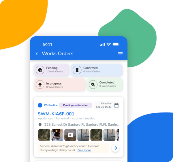 Mobile app interface displaying a list of work orders categorized by status: Pending, Confirmed, In progress, and Completed.