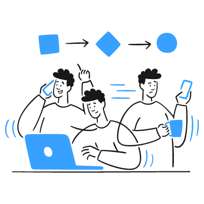 Hand-drawn style icon of three figures in sequence under a flow chart of geometric shapes, illustrating a process or workflow.