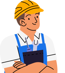 Cartoon illustration of a man wearing a yellow hard hat and blue overalls, holding a clipboard, on a white background.